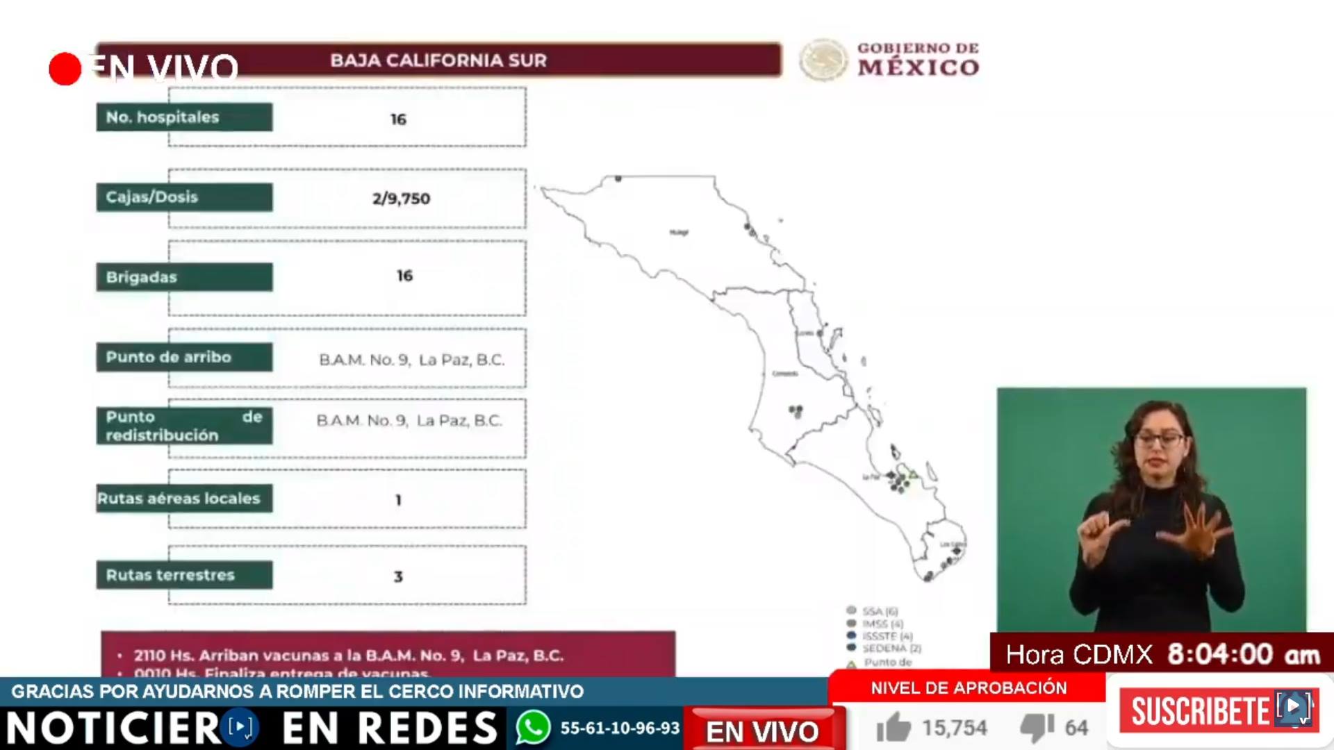 Gobierno de México envía 9,750 vacunas contra covid-19 a BCS