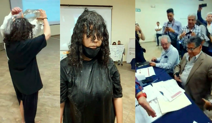 En protesta, ambientalista lanza agua de la playa más contaminada de México a autoridades ambientales