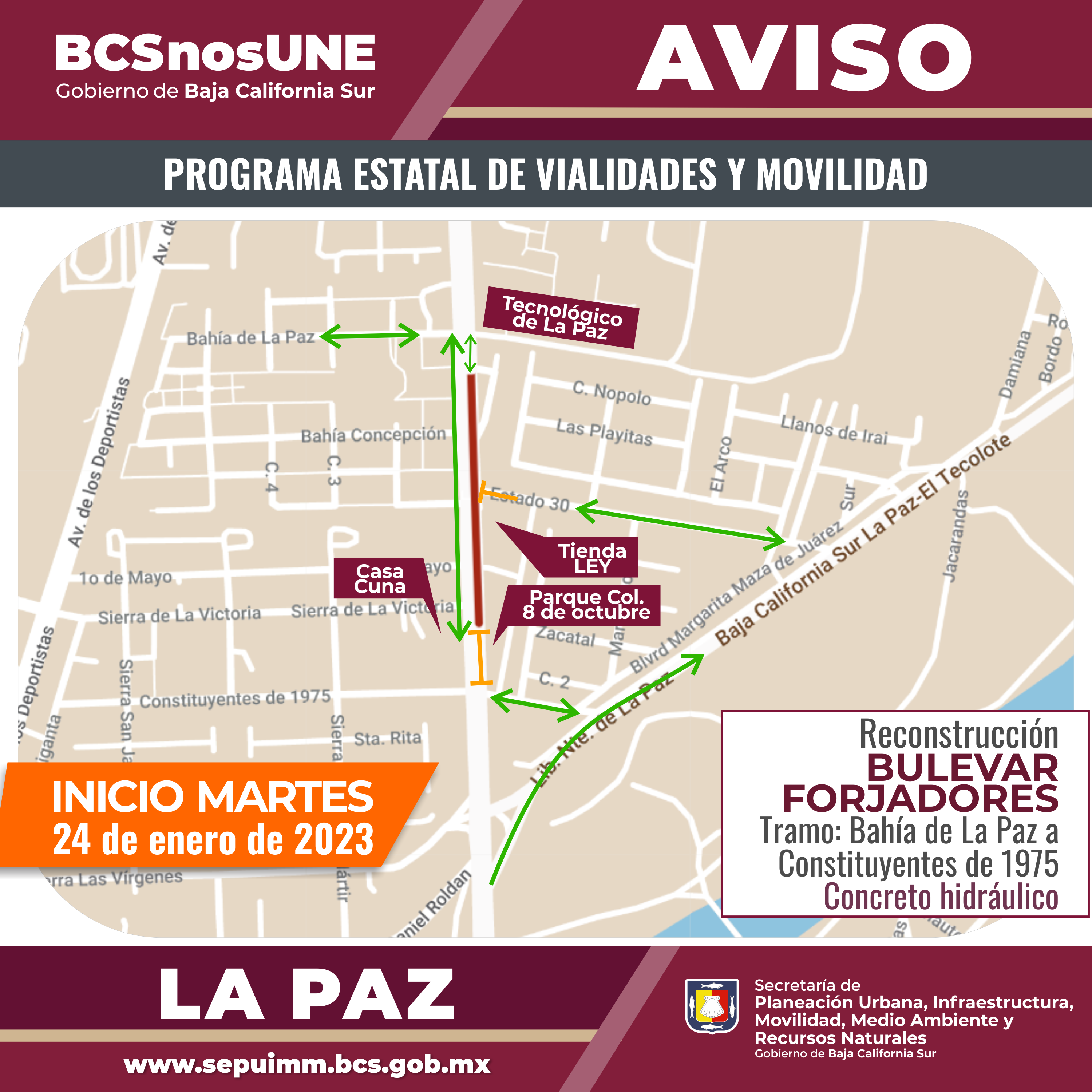 Mejorarán bulevar Forjadores de la 8 de octubre al Tecnológico de La Paz